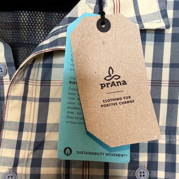 PrAna Kirkwood Shirt Large Plaid Stretch Button-Up Beige Short Sleeve Top - Picture 13 of 14